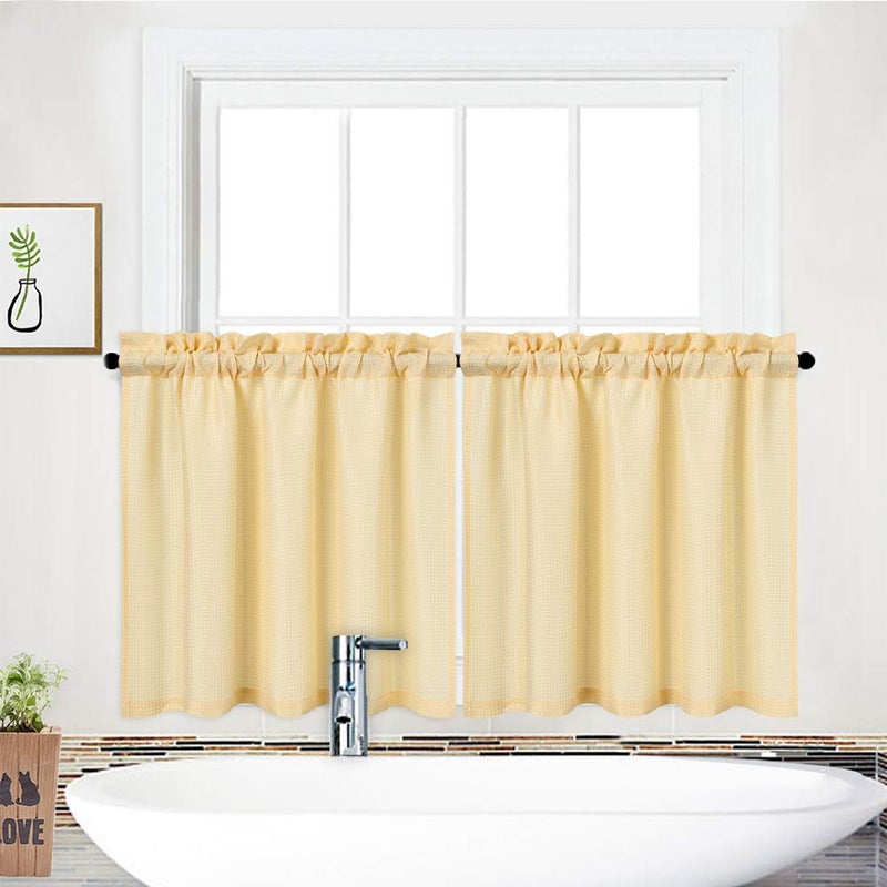 NANAN Tier Curtains,Waffle Woven Textured Short Curtains for Bathroom Waterproof Window Covering for Kitchen - 30" x 24", Yellow, Set of 2 - Image 1